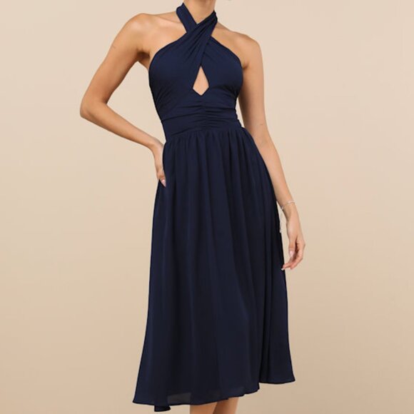 Lulus Emrah Navy Cross-front Cutout Halter Midi Dress Blue - Size L - Picture 1 of 2